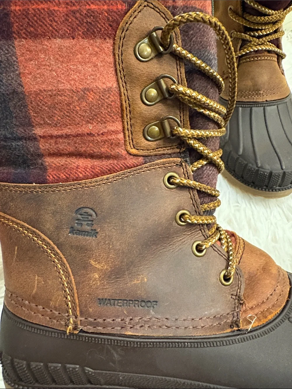 Kamik Women's Brown & Red Plaid Winter Rain Boots